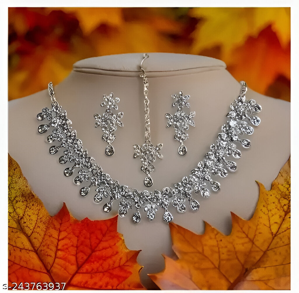 Silver Plated Necklace Set With White American Diamond